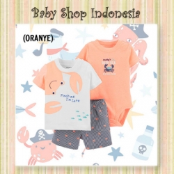LU552 Setelan Baju Bayi Import 3in1 Jumpsuit Bayi Tshirt Anak Branded Orange Crab  large